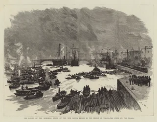 La pose de la pierre commémorative du nouveau Tower Bridge par le prince de Galles, la scène sur la Tamise